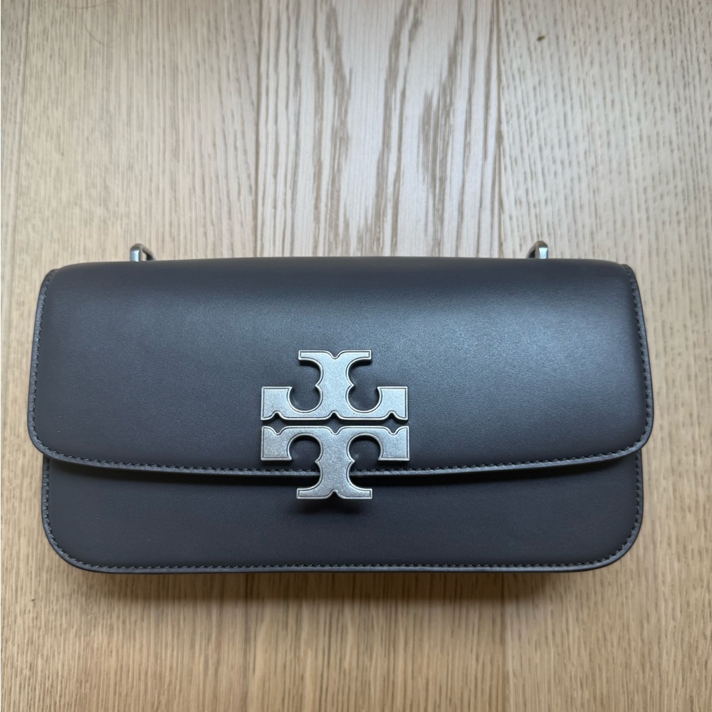 Tory Burch Charcoal Gray Leather Flap Crossbody with Silver Logo